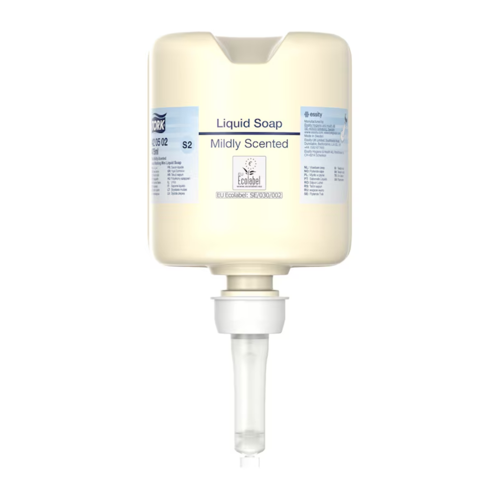 Beigenvärinen annostelijasäiliö, jossa on merkintä ”Tork 420502 Mini Nestesaippua, Mieto Tuoksu” ja tilavuus 475 ml, on varustettu kätevällä pumpulla. Tämä TORK – Essity Professional Hygiene Germany GmbH:n tuote on suunniteltu erinomaisen käsihygienian takaamiseksi ja siinä on erilaisia merkintöjä ja logoja, mukaan lukien ”Ecolabel”, joka mainostaa ympäristöystävällistä ihonhoitoa.