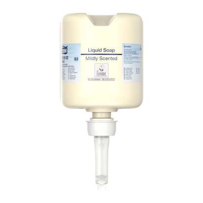 Beigenvärinen annostelijasäiliö, jossa on merkintä ”Tork 420502 Mini Nestesaippua, Mieto Tuoksu” ja tilavuus 475 ml, on varustettu kätevällä pumpulla. Tämä TORK – Essity Professional Hygiene Germany GmbH:n tuote on suunniteltu erinomaisen käsihygienian takaamiseksi ja siinä on erilaisia merkintöjä ja logoja, mukaan lukien ”Ecolabel”, joka mainostaa ympäristöystävällistä ihonhoitoa.