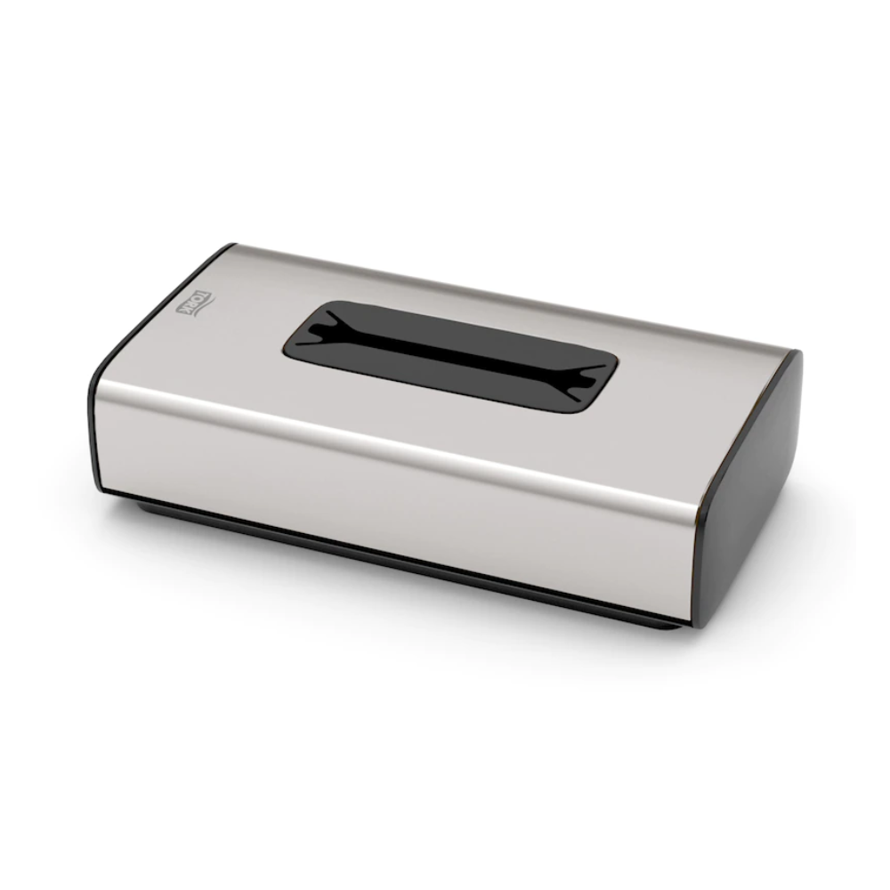 Tork 460013 -kosmetiikkaliina-annostelija TORK:in Image Line F1 -kokoelmasta, Essity Professional Hygiene Germany GmbH, on ruostumattomasta teräksestä valmistettu nenäliinaboksi, jonka yläosassa on suorakulmainen aukko. Se esittelee ruostumattoman teräksen muotoilua, mustaksi maalattuja reunoja ja minimalistista tyyliä, joka sopii erinomaisesti yksittäislehtien annosteluun.