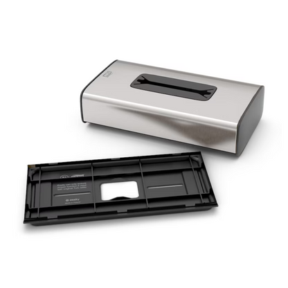 Tork 460013 -kosmetiikkaliina-annostelija Image Line F1, seinään kiinnitettävä ruostumattomasta teräksestä valmistettu nenäliina-annostelija TORK:ilta, Essity Professional Hygiene Germany GmbH:ltä, esitetään irrotetulla ja eteenpäin tuodulla irrotettavalla takaseinällä. Tämä elegantti ruostumattomasta teräksestä valmistettu annostelija, jonka yläosassa on ikkuna, mahdollistaa helpon täytön ja yksittäislehtien annostelun julkisissa vessoissa.