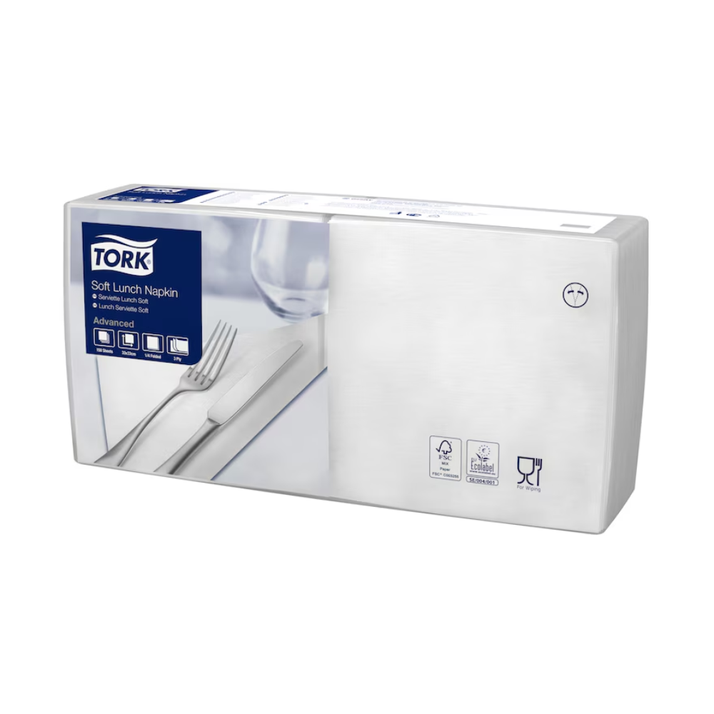 Tork 477414 Soft Lunchservietten Weiß Advanced 3-kerroksisten lautasliinojen pakkaus | Laatikko (10 pakkausta) esittelee siististi taitetun lautasliinan aterimien kanssa ja kiinnittää huomion sen kolmikerroksiseen suunnitteluun. Tuotetiedot korostavat Advanced-pehmeyttä ja FSC- ja elintarvikekontaktiturvallisuussertifikaatteja ja vahvistavat, että nämä lautasliinat ovat teollisesti kompostoituvia.