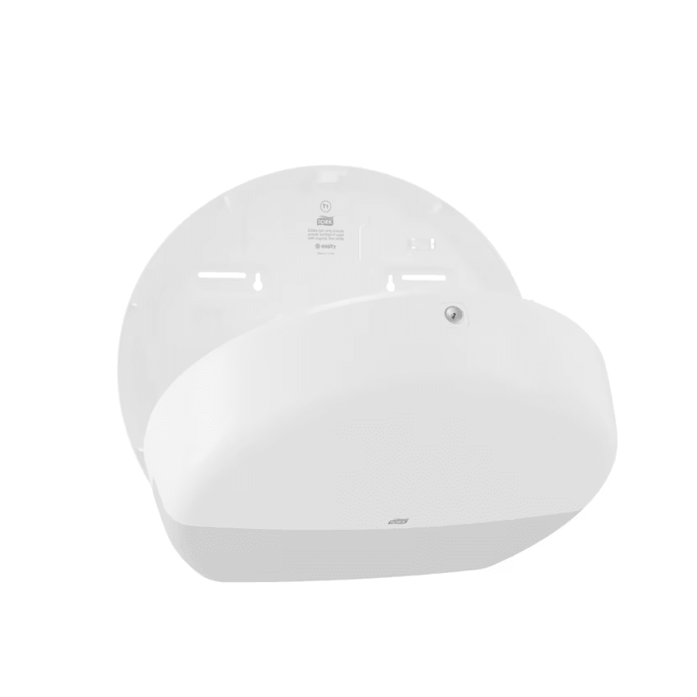 Tork 554000 Jumbo-WC-paperiannostelija Elevation T1, joka on suunniteltu vilkkaasti liikennöityihin saniteettitiloihin, on valkoinen, seinälle asennettava annostelija, jossa on pyöristetty kansi. Annostelija on avoimesti esillä, jotta sen sisäosasto näkyy, ja siinä on lovet ja reiät helppoa asennusta varten. Se on erinomainen valinta jumbo-WC-paperin tehokkaaseen käsittelyyn.