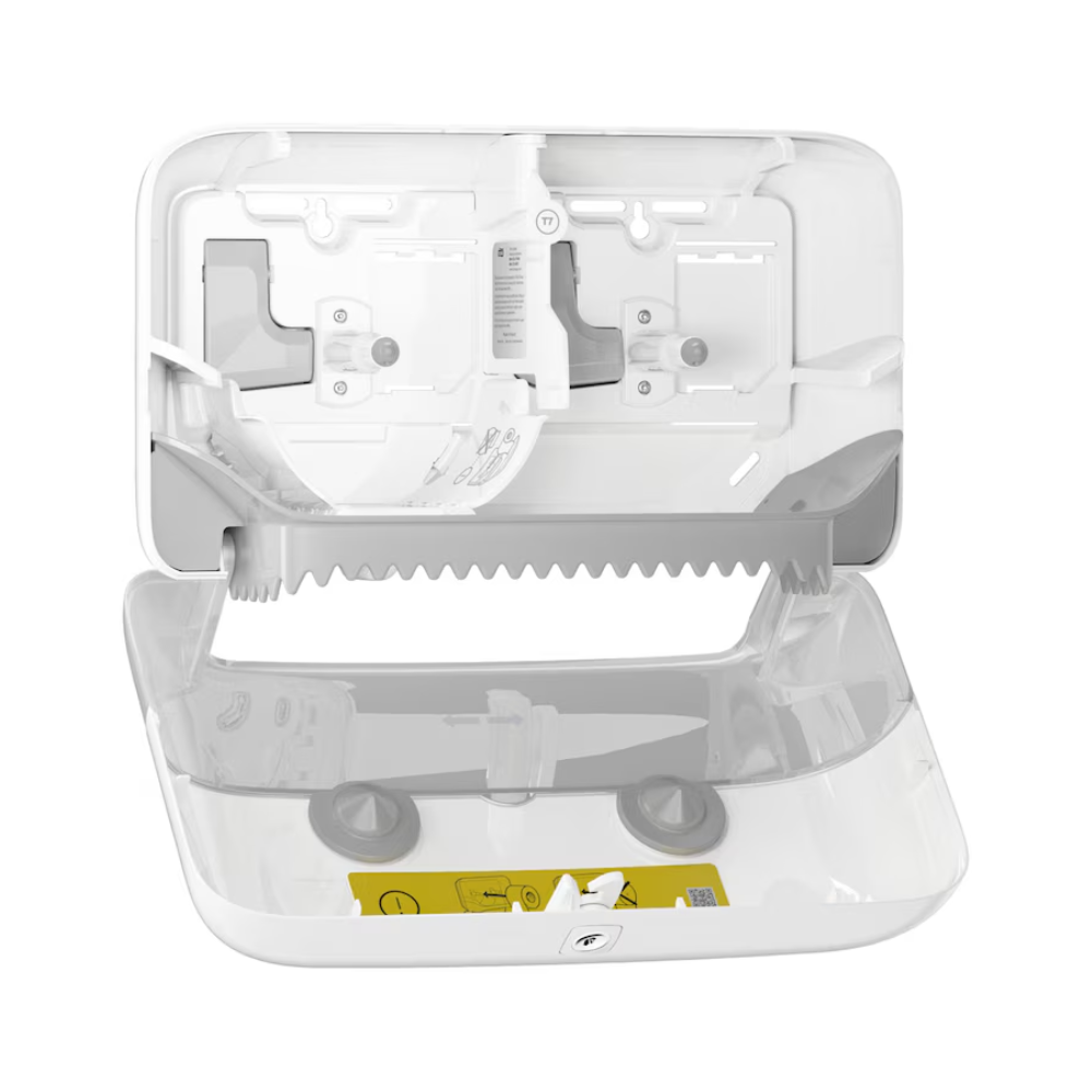 Tork 558040 hylsytön Midi-WC-paperin Elevation T7 kaksoisrulla-annostelija Essity Professional Hygiene Germany GmbH:lta on avoimen muotoilun omaava, jossa on läpinäkyviä osia, jotka korostavat sisäisiä mekanismeja ja ympäristöystävällistä toiminnallisuutta pitämiseen ja annosteluun. Siinä on näkyvä sahalaitainen reuna, keltainen ohjeetiketti ja se on yhteensopiva hylsyttömän Midi-WC-paperin kanssa.