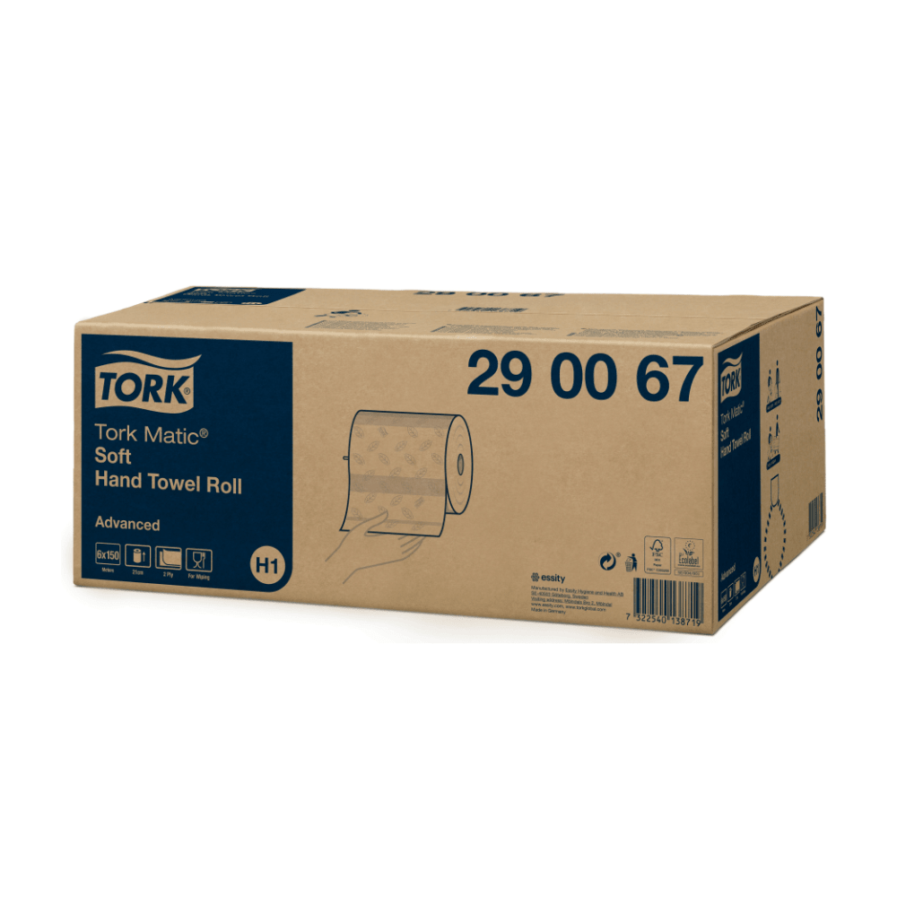 Esillä on laatikko, jossa on Tork Matic® 290067 pehmeä rullapyyhe Advanced H1 2-kerroksinen. Laatikossa on sinivalkoinen etiketti, jossa on tuotetiedot ja kuva paperipyyherullasta. Tuotekoodi '290067' on selvästi näkyvissä ja viittaa edistyneisiin käsienkuivausominaisuuksiin, joita TORK – Essity Professional Hygiene Germany GmbH tarjoaa.