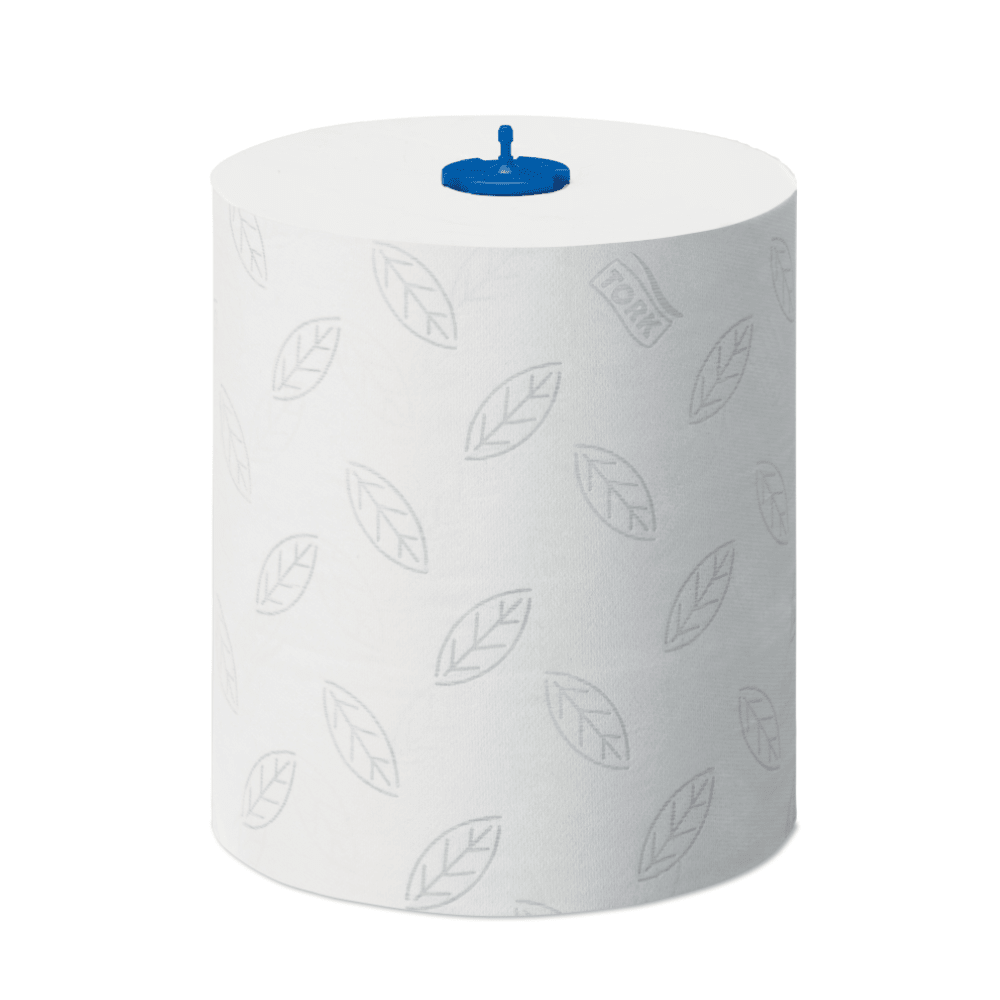 Suuri rulla pehmeitä, valkoisia 2-kerroksisia paperipyyhkeitä Tork Matic® 290067 TORK – Essity Professional Hygiene Germany GmbH:lta, hienovaraisella lehtikuviolla ja sinisellä muovikeskiosalla moderniin käsienkuivaukseen.