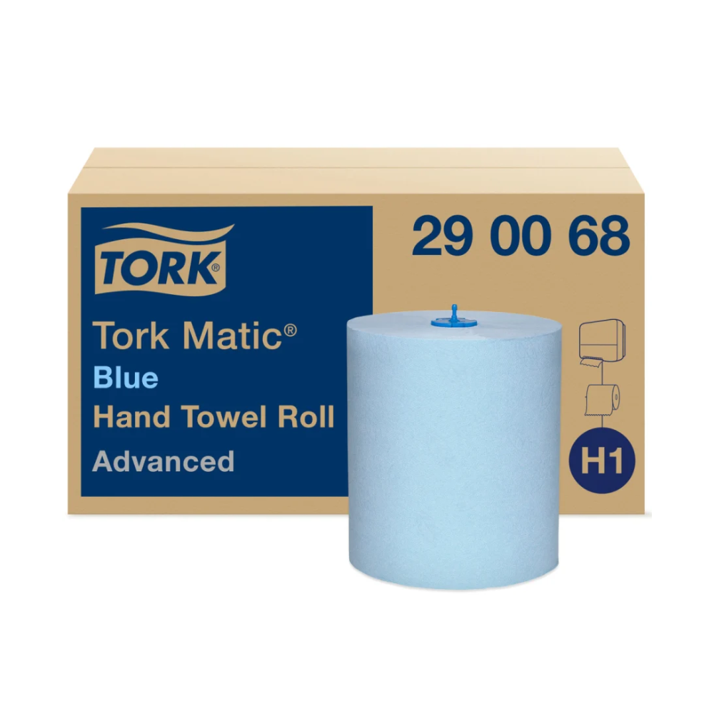 Pahvilaatikko, jossa on merkintä "Tork Matic® Rollenhandtuch Advanced H1 2-lagig, verschiedene Farben" merkillä TORK – Essity Professional Hygiene Germany GmbH, koodinumerolla 290068 ja "Advanced System H1". Sen edessä on suuri sininen pyyherulla, joka on suunniteltu tehokkaaseen käsien kuivaamiseen ja siinä on huomattava sininen muoviydin.