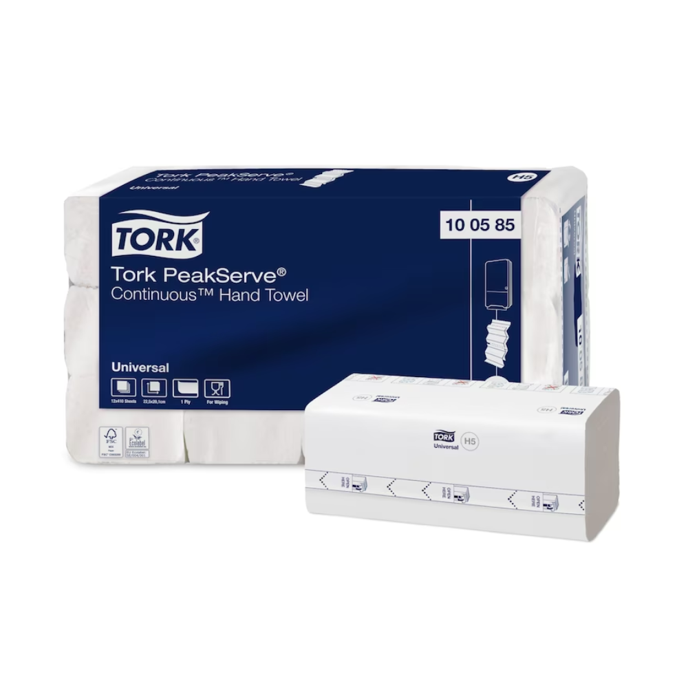 Tork PeakServe® 100585 Endlos™ käsipyyhkeet Essity Professional Hygiene Germany GmbH:lta erottuvat pakkauksellaan, joka on pääosin valkoinen sinisillä korostuksilla ja tekstillä. Nämä yksikerroksiset yleiskäsipyyhkeet ovat tunnettuja pehmeydestään ja imukykyisyydestään, mikä tekee niistä ihanteellisia puristettuja pyyhkeitä ympäristöihin, joissa on paljon kävijöitä. Tuote on saatavilla 12 pakkauksen laatikossa.