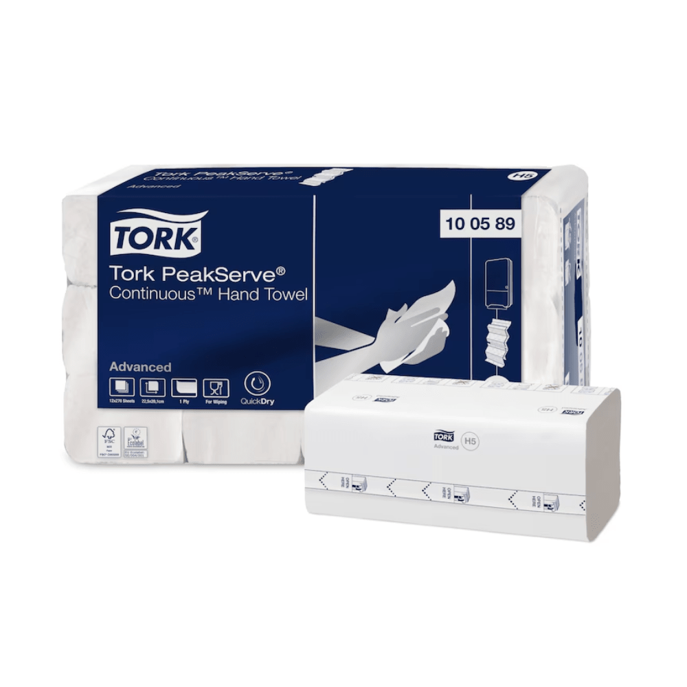 Tork PeakServe® 100589 Endlos™ Advanced H5 1-kerroksisten käsipyyhkeiden pakkauksessa tuotteen nimi ja logo ovat selvästi näkyvissä, mukana on kuva yksittäisestä pyyhkeen otosta. Ympäröivät symbolit korostavat ominaisuuksia, kuten suurta kapasiteettia ja nopeaa ottoa. Pakkausnumero 100589 on selvästi näkyvissä.