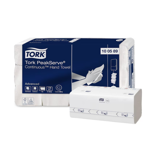 Das Bild zeigt eine Packung Tork PeakServe® 100589 Endlos™ Handtücher Advanced H5 1-lagig | Karton (12 Packungen) mit einer geöffneten Packung vor der Hauptpackung. Die Verpackung ist blau und weiß und zeigt Produktspezifikationen und Abbildungen, die die QuickDry™-Technologie für überragende Saugfähigkeit mit der Marke TORK zeigen.