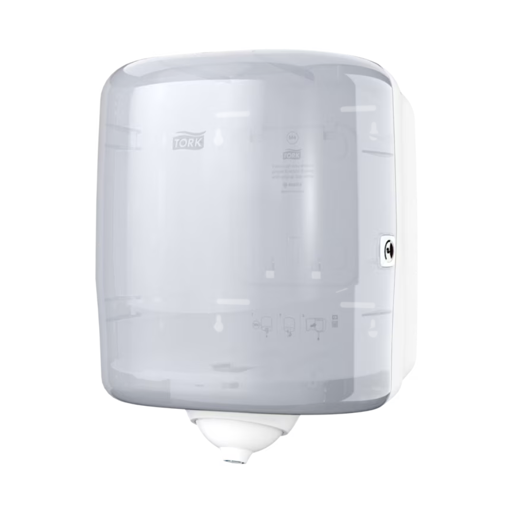 Tork Reflex™ 473190 yksittäisarkki sisärullateline M4, TORKin läpinäkyvä, seinään kiinnitettävä paperipyyheannostelija – Essity Professional Hygiene Germany GmbH, sisältää pyöreän aukon alaosassa. Oikealla puolella olevan lukon ja yksittäisen rullan ottamisen mahdollisuuden ansiosta se auttaa vähentämään ristikkäiskontaminaatioita. Sen hiilineutraali muotoilu esittelee 'TORK'-brändin nimen näkyvästi etupuolella ja vastaa ympäristötietoisten käyttäjien tarpeisiin.