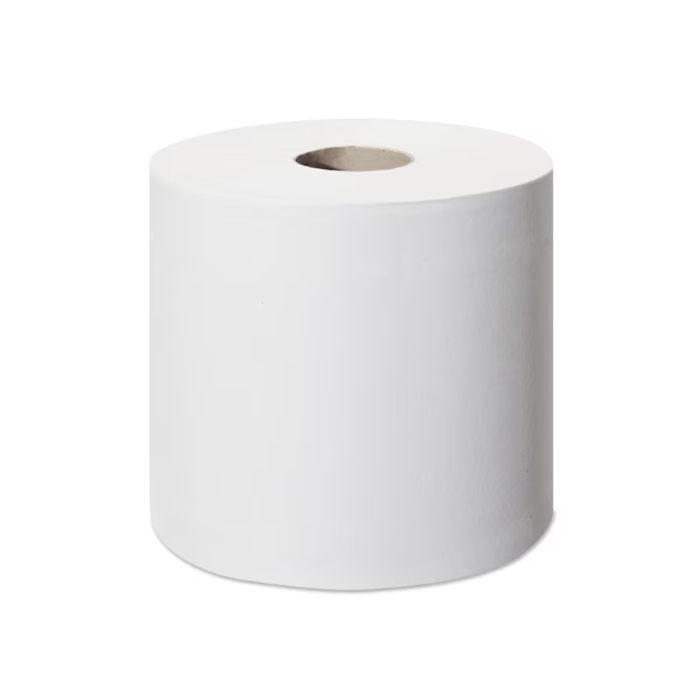 Yksi yksittäinen, pakkaamaton Tork SmartOne® 472193 Mini WC-paperi Advanced T9 2-kerroksinen rulla kartonkisydämellä yksinkertaista valkoista taustaa vasten havainnollistaa TORK – Essity Professional Hygiene Germany GmbH:n sitoutumista tehokkuuteen. Tämä muotoilu auttaa vähentämään WC-paperin kulutusta ja mahdollistaa hygieenisen yksittäisarkkien annostelun.