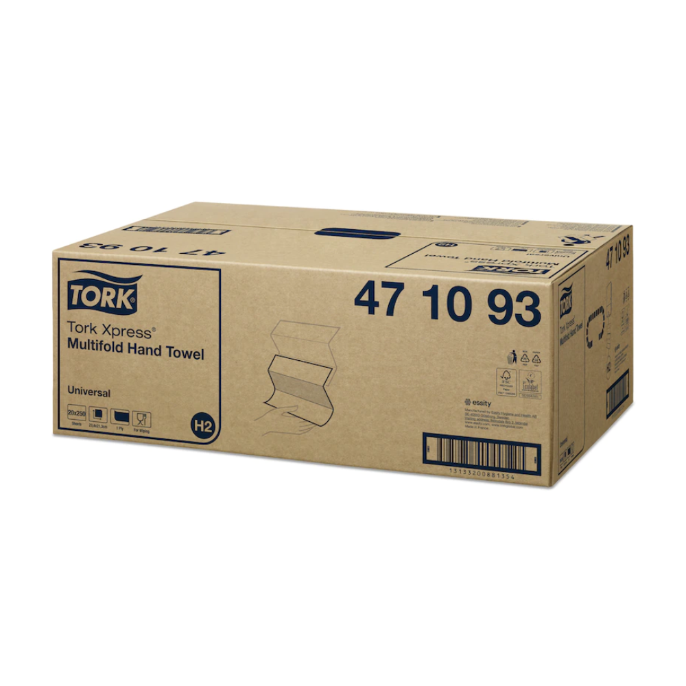 Kuvassa on laatikko Tork Xpress® 471093 Multifold-käsipyyhkeitä Universal H2 1-kerroksinen TORKilta - Essity Professional Hygiene Germany GmbH:ltä. Laatikossa on tuotetietoja, kuten tuotenumerot, ja siinä on kuvia ja symboleja Universal H2:sta sekä viivakoodi sivulla.