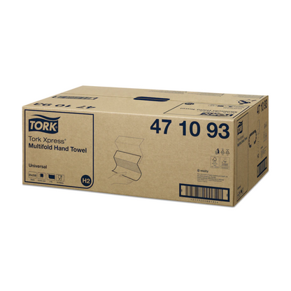 Kuvassa on laatikko Tork Xpress® 471093 Multifold-käsipyyhkeitä Universal H2 1-kerroksinen TORKilta - Essity Professional Hygiene Germany GmbH:ltä. Laatikossa on tuotetietoja, kuten tuotenumerot, ja siinä on kuvia ja symboleja Universal H2:sta sekä viivakoodi sivulla.