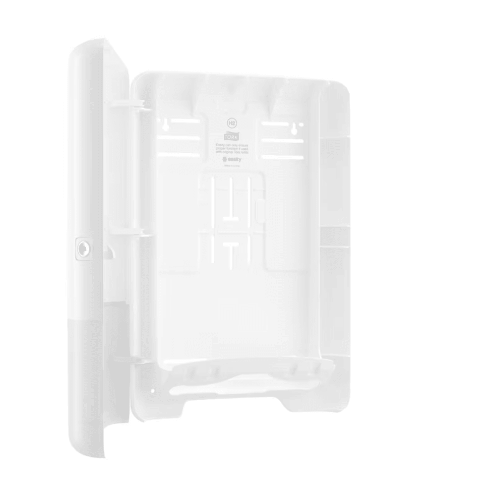 Tork Xpress® 552000 -annostelija Multifold-käsipyyhkeille H2 Essity Professional Hygiene Germany GmbH:lta on valkoinen, avoin, suorakulmainen muovikotelo, jossa on kääntöovi ja useita kiinnitysaukkoja sisäpuolella, ja se on suunniteltu erityisesti Tork Xpress -tuotteille. Siinä on vasemmalla puolella turvasyistä avainreikä ja sisällä useita pieniä pidikkeitä kaapeleiden tai komponenttien tehokkaaseen järjestämiseen.