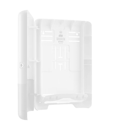 Tork Xpress® 552000 -annostelija Multifold-käsipyyhkeille H2 Essity Professional Hygiene Germany GmbH:lta on valkoinen, avoin, suorakulmainen muovikotelo, jossa on kääntöovi ja useita kiinnitysaukkoja sisäpuolella, ja se on suunniteltu erityisesti Tork Xpress -tuotteille. Siinä on vasemmalla puolella turvasyistä avainreikä ja sisällä useita pieniä pidikkeitä kaapeleiden tai komponenttien tehokkaaseen järjestämiseen.