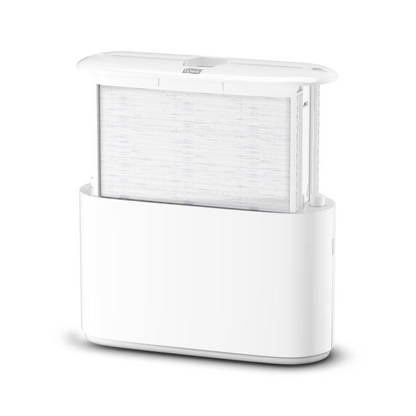 Tork Xpress® 552200 -monitaittopaperipyyheannostelija Elevation H2 TORK - Essity Professional Hygiene Germany GmbH:lta erottuu ohuella, minimalistisella muotoilullaan, jossa on näkyvissä oleva, jalustaan integroituna suodatin. Pystysuunnassa sijoitettu suodatin parantaa kokonaisestetiikkaa ja yläosa on hieman avoin, mikä osoittaa sen tehokasta toiminnallisuutta.