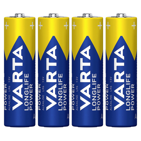 Neljä pystysuoraan peräkkäin asetettua Varta AG Industrial Pro Mignon AA-paristoa, joissa on siniset ja keltaiset tuotetarrat.