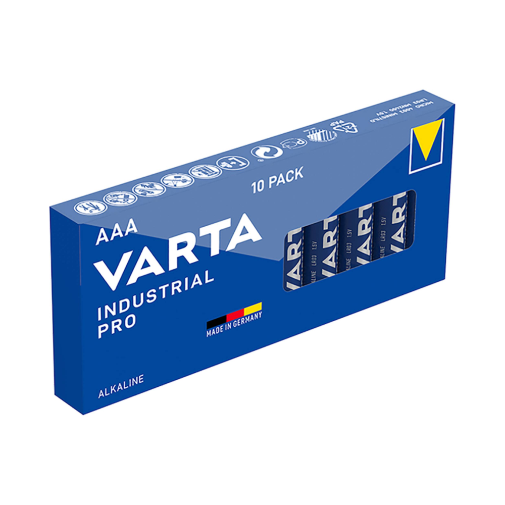 Sininen, suorakulmainen laatikko, jossa on merkintä "Varta Industrial Pro Micro Batterie 4003 LR03 AAA, 10 Stück" Varta AG:lta, valmistettu Saksassa, sisältää ikkunan, josta näkyy neljä ammattikäyttöön tarkoitettua paristoa.