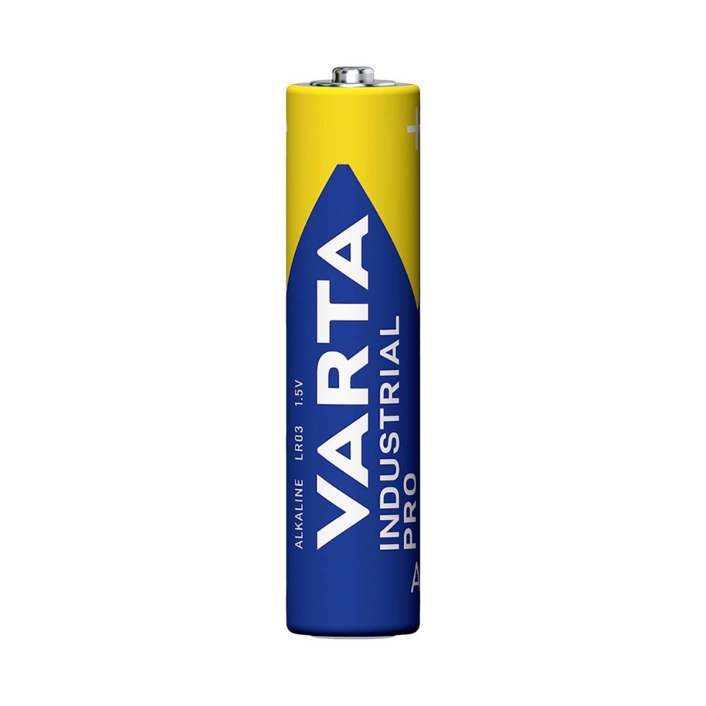 Varta AG Industrial Pro Micro -paristo 4003 LR03 AAA (poistotuote, 1,5V) keltaisella kannella ja sinisellä kotelolla seisoo pystyssä. Ammattikäyttöön kehitetty pakkaus sisältää 10 kappaletta ja näyttää Varta-tuotemerkin valkoisella tekstillä.