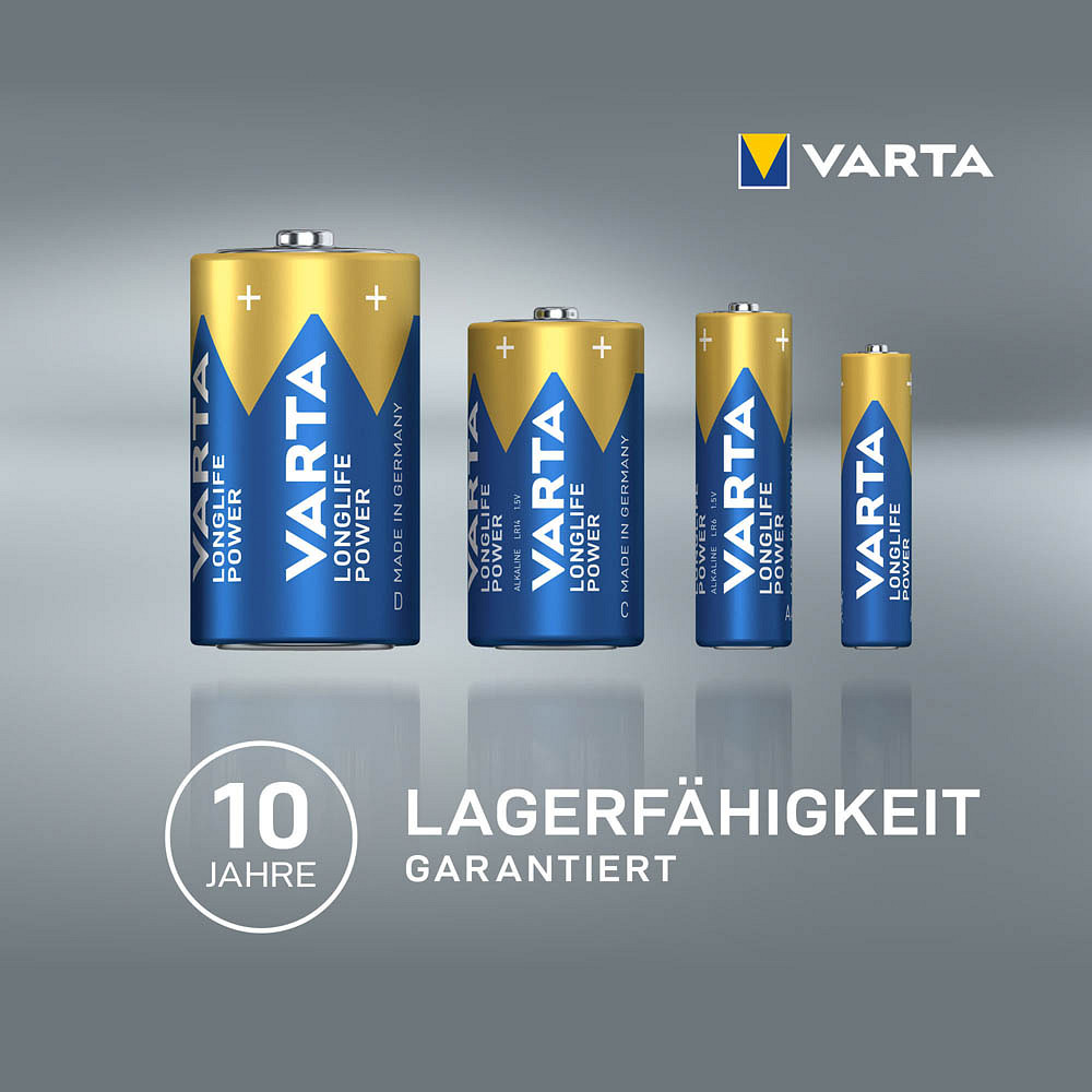 Harmaalla taustalla on neljä erikokoista Varta AG Longlife Power 9V E-Block 4922 MN1604 paristoa, ja niiden alla on grafiikka, jossa lukee '10 vuoden säilyvyystakuu'.