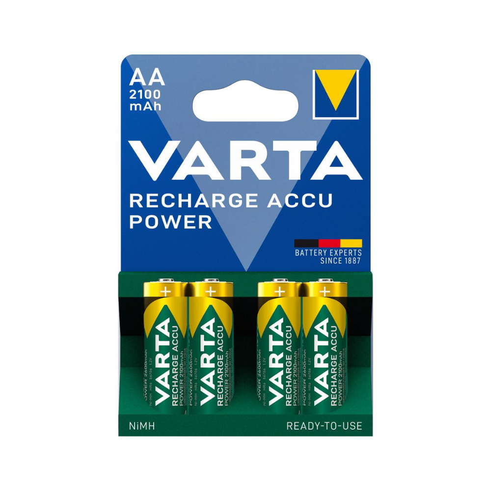 Pakkaus neljästä vihreä-kultaisesta Varta Recharge Accu Power AA 2100 mAh -akusta, joiden kapasiteetti on 2100 mAh, merkitty NiMH:ksi ja 'ladattaviksi'.