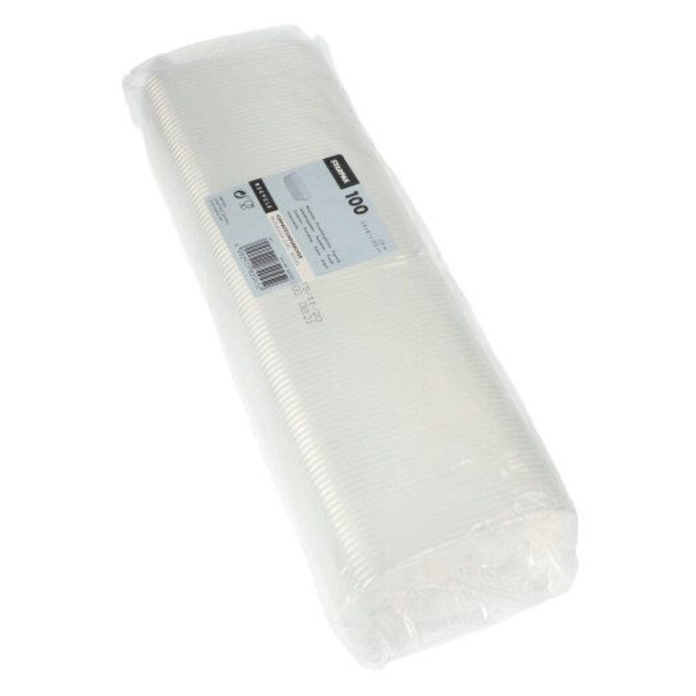 Suljettu pakkaus, jossa on 100 Starpak-suorakulmaista muovikuppia PP 125 ml läpinäkyvänä, sisältää etiketin, jossa on määrä ja tiedot. Kupit on siististi pinottu ja näkyvät läpinäkyvän pakkauksen läpi.