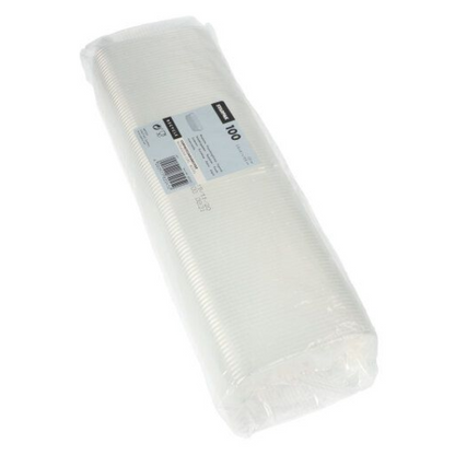 Suljettu pakkaus, jossa on 100 Starpak-suorakulmaista muovikuppia PP 125 ml läpinäkyvänä, sisältää etiketin, jossa on määrä ja tiedot. Kupit on siististi pinottu ja näkyvät läpinäkyvän pakkauksen läpi.