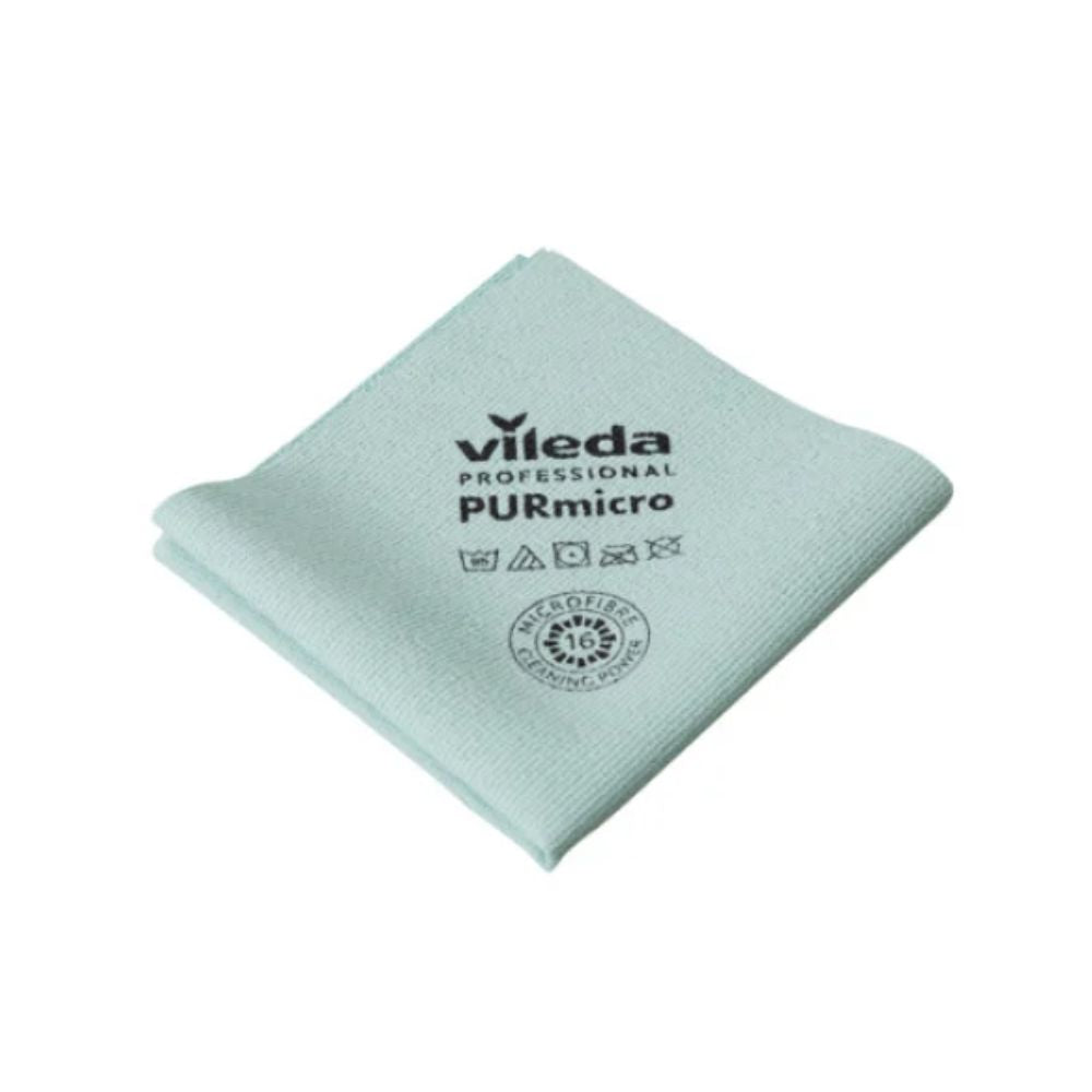 Kokoon taitettu vaaleanvihreä Active-mikrokuituliina Vileda GmbH:lta, merkitty tekstillä ”Vileda Professional PURmicro”, hoitosymboleilla ja numerolla ”16” ympyrässä, takaa aina raidattoman puhdistuksen.