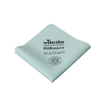 Kokoon taitettu vaaleanvihreä Active-mikrokuituliina Vileda GmbH:lta, merkitty tekstillä ”Vileda Professional PURmicro”, hoitosymboleilla ja numerolla ”16” ympyrässä, takaa aina raidattoman puhdistuksen.