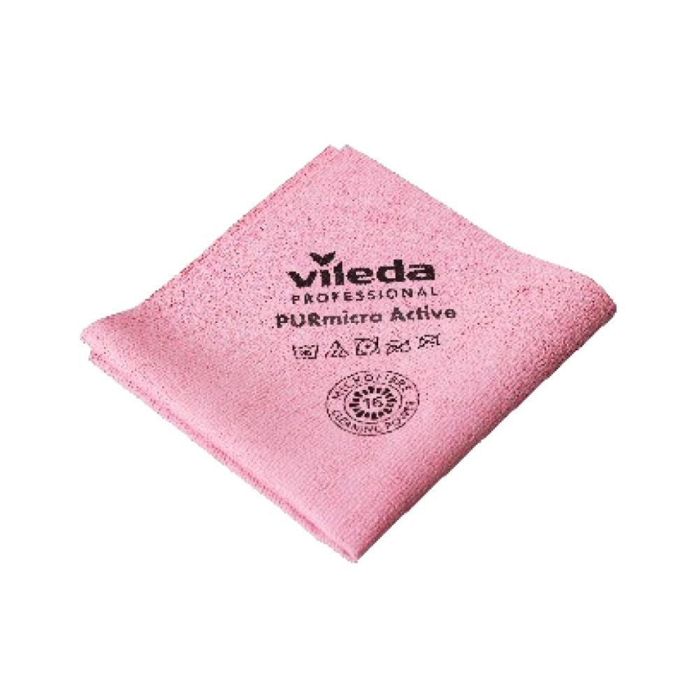 Vileda GmbH Professional PURmicro Active -mikrokuituliina on vaaleanpunainen puhdistusliina kierrätyssymboleilla ja hoito-ohjeilla. Hieman taitettuna se tarjoaa puhtaan, pehmeän tekstuurin, täydellinen raidattomaan puhdistukseen.