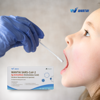 Sinikäsineinen terveydenhuollon työntekijä valmistautuu pyyhkimään lapsen suun Wantai SARS-CoV-2 -pikatestillä, lollitestillä (kolloidinen kulta) CE/2854, nopeaa antigeenitestiä varten. Pakkaus, joka soveltuu erinomaisesti päiväkoti- ja koulutestaukseen, on hyvin näkyvissä etualalla.