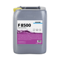 Suuri harmaa säiliö, jossa on keltainen kansi ja merkintä ”Winterhalter F 8500 Geschirr Universalreiniger 25 kg | 1 kg” näyttää violetteja grafiikoita ja välineiden symboleja. Tämä Altruan kehittämä yleispuhdistusaine poistaa tehokkaasti pinttyneen lian kaupallisissa astianpesukoneissa.