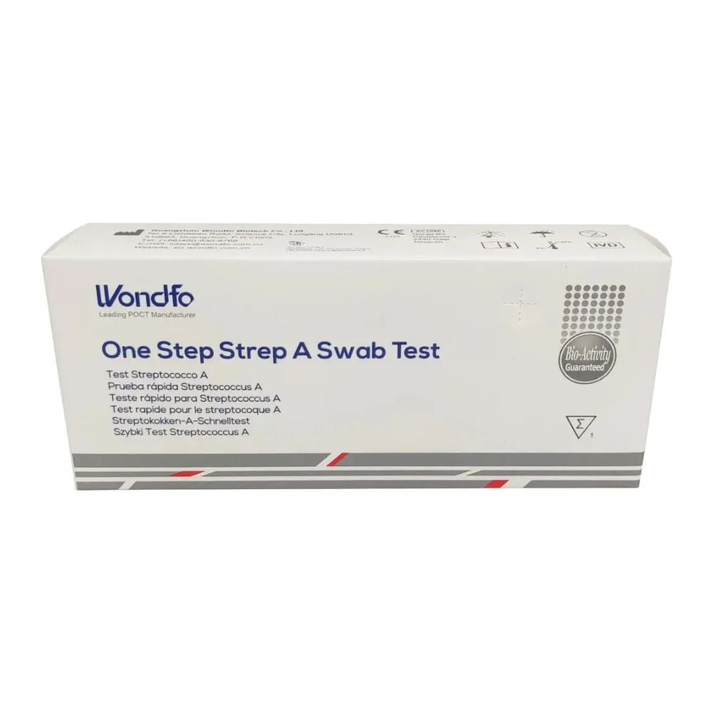 Kuvassa on valkoinen laatikko, jossa on teksti „Wondfo Streptokokken A Schnelltest – Scharlach Selbsttest“ Altruanilta, ihanteellinen streptokokkitartunnan havaitsemiseen kotona. Pakkauksessa on monikielinen teksti ja laadunvarmistusmerkki oikealla puolella, punaisilla ja harmailla raidoilla alareunassa.