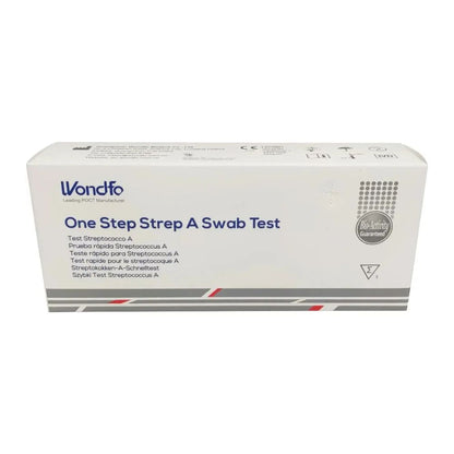 Kuvassa on valkoinen laatikko, jossa on teksti „Wondfo Streptokokken A Schnelltest – Scharlach Selbsttest“ Altruanilta, ihanteellinen streptokokkitartunnan havaitsemiseen kotona. Pakkauksessa on monikielinen teksti ja laadunvarmistusmerkki oikealla puolella, punaisilla ja harmailla raidoilla alareunassa.