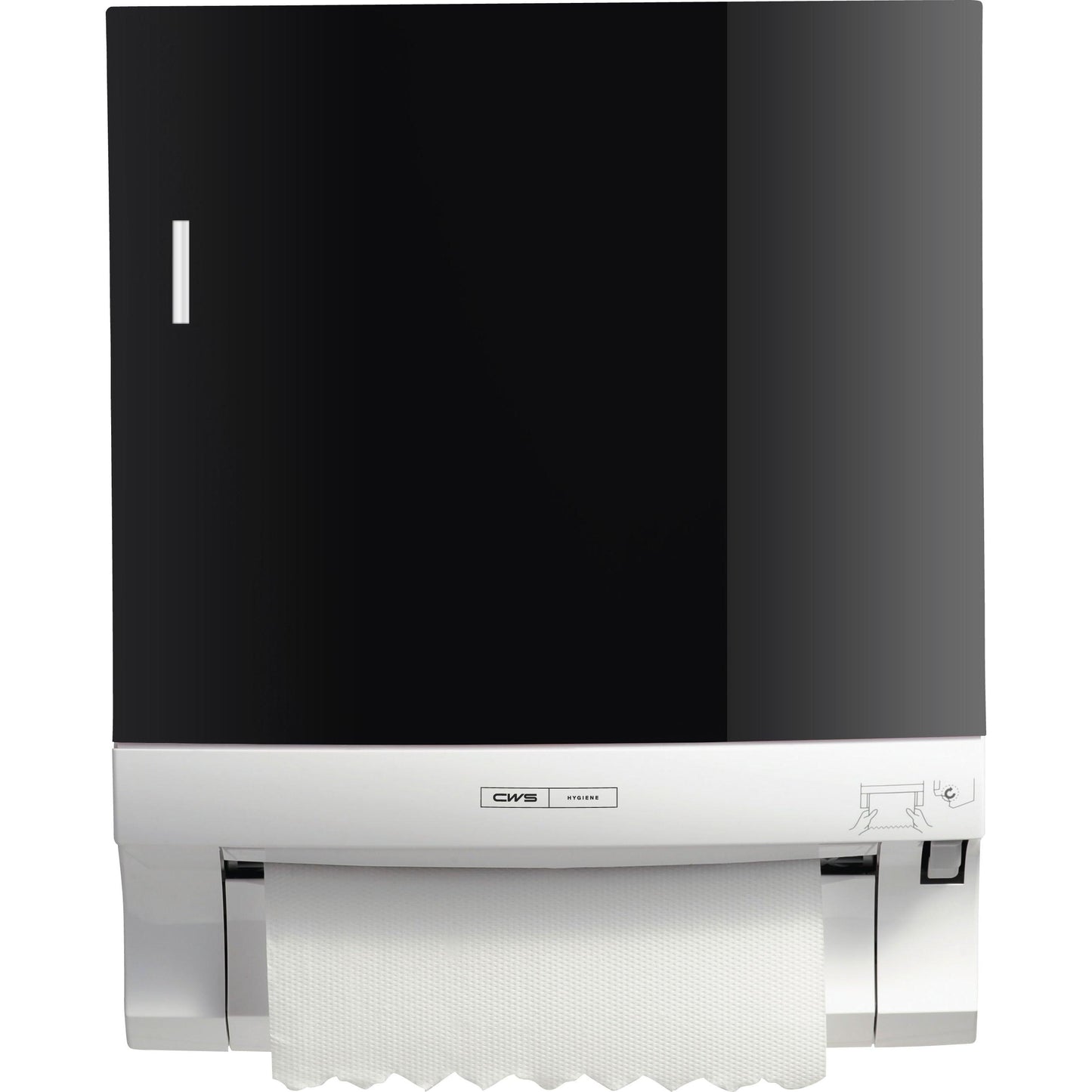CWS:n paperirullakäsipyyheannostelijan etupaneeli on mustavalkoinen seinäannostelija, jossa on näkyvä käsipyyhepaperi, pieniä grafiikoita ja CWS:n brändilogo etupuolella - täydellinen pesutilojen optimointiin.