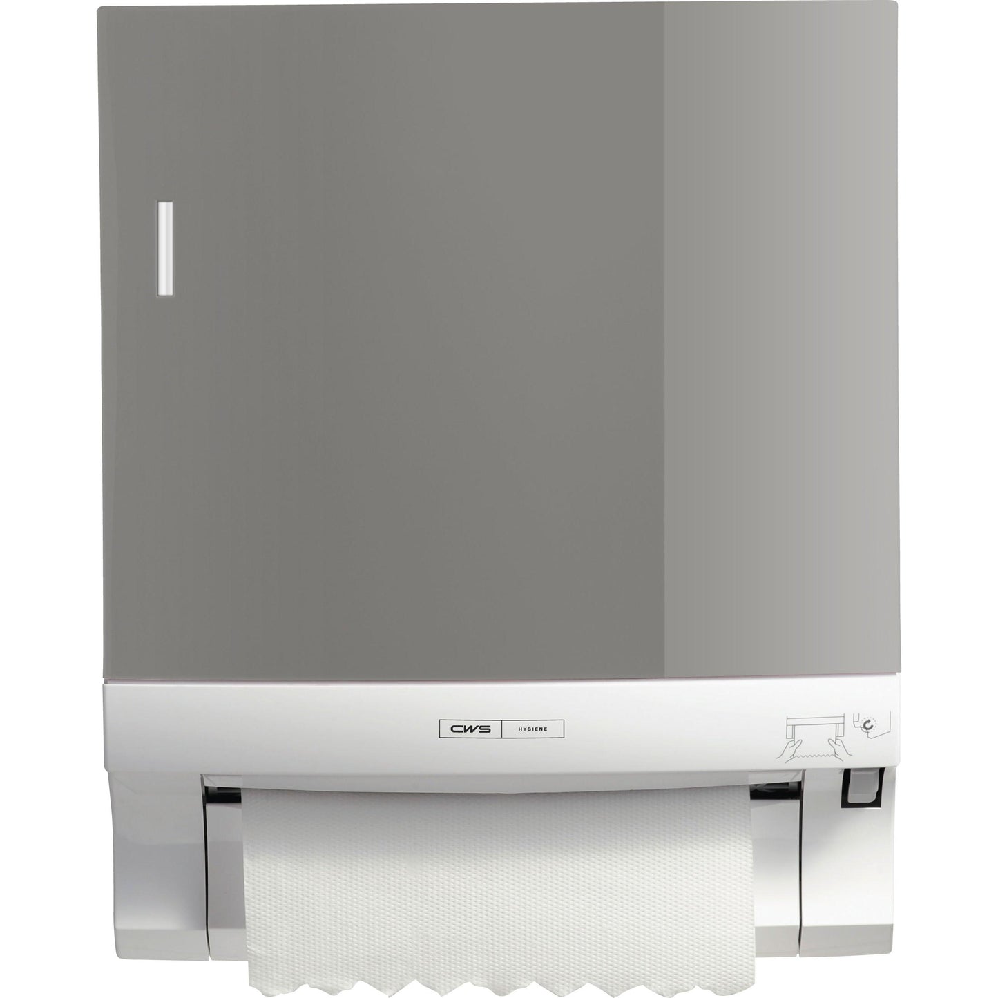 Seinään kiinnitettävä CWS:n paperirullakäsipyyheannostelijan etupaneeli näyttää osittain vedetyn arkin ja ohjesymbolin, mikä tekee siitä ihanteellisen tehokkaaseen pesutilojen optimointiin.