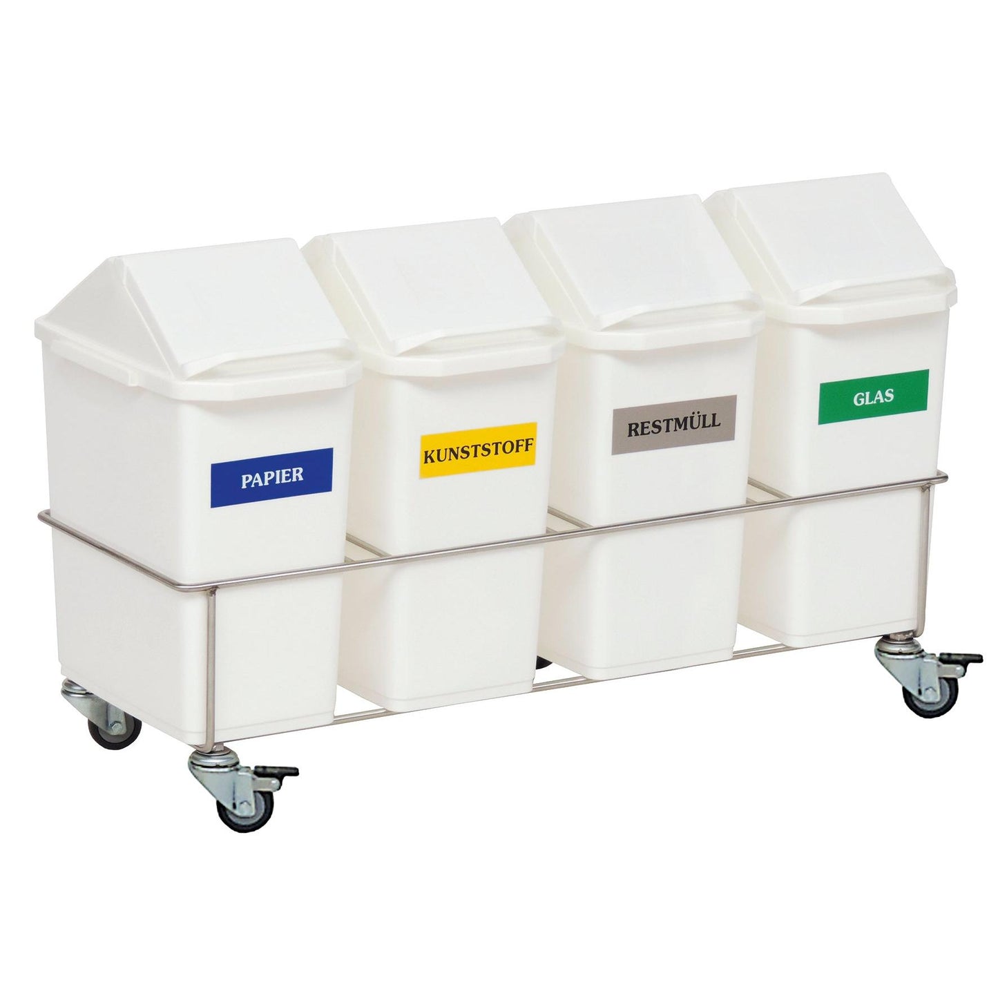 Novocalin huoneen kierrätysastia nelinkertainen kerääjä sisältää neljä säiliötä kansilla ja värillisillä etiketeillä paperille, muoville, sekajätteelle ja lasille ruostumattomasta teräksestä valmistetulla telineellä pyörillä - ihanteellinen tehokkaaseen jätteiden lajitteluun kaikissa tiloissa.