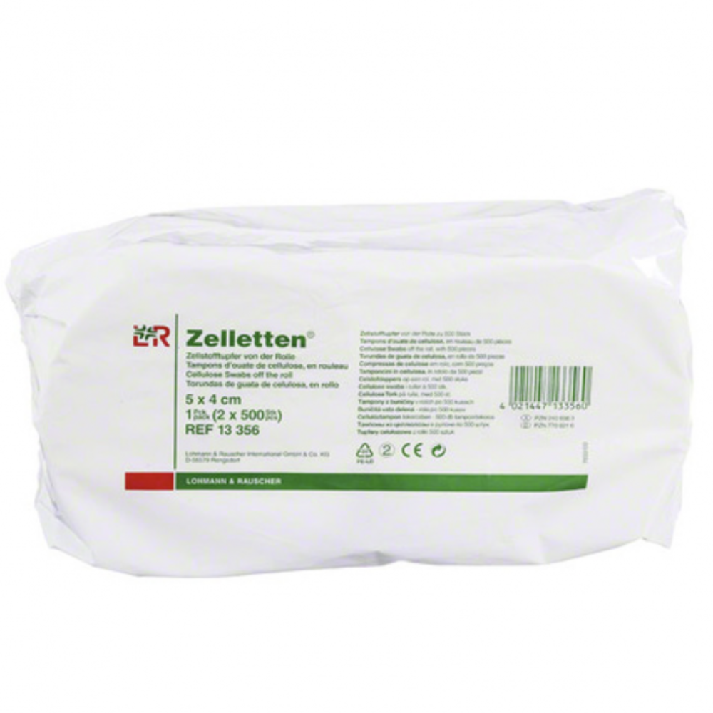 Lohmann & Rauscherin Zelletten®-selluloosavanulapput ovat ihanteellisia lääketieteellisiin sovelluksiin. Etiketissä on merkitty koko (5 x 4 cm), määrä (2 pakkausta, joissa on 500 kappaletta) ja viitenumero (13 356). Pakkaus on pääosin valkoinen, jossa on vihreää tekstiä.