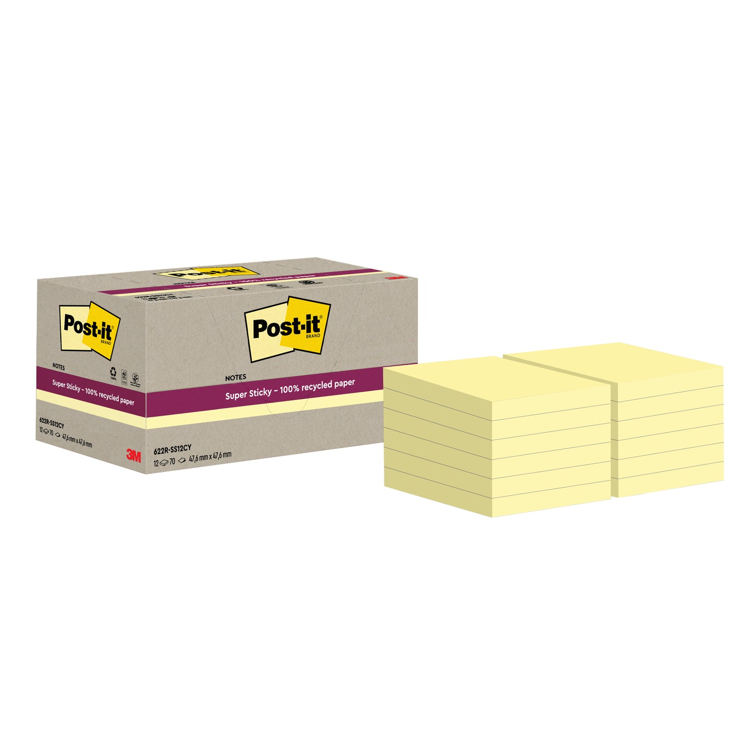 Laatikko, jossa lukee "Post-it® Super Sticky 100% kierrätysmuistilaput, 47,6 mm x 47,6 mm, 70 arkkia/lohko, 100% PEFC" 3M Deutschland GmbH:lta, on useiden keltaisten neliömäisten lappujen pinojen vieressä.