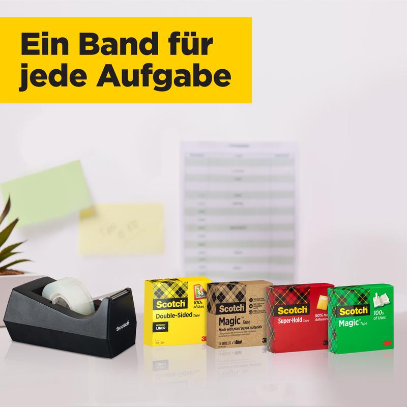 Musta teippiteline ja viisi Scotch®-teippiä, mukaan lukien Scotch® Super-Hold Secure Tape (1 rulla, 19 mm x 25,4 m) 3M Deutschland GmbH:ltä, on asetettu valkoiselle pinnalle, taustalla epätarkkoja muistilappuja ja tyhjä lomake.