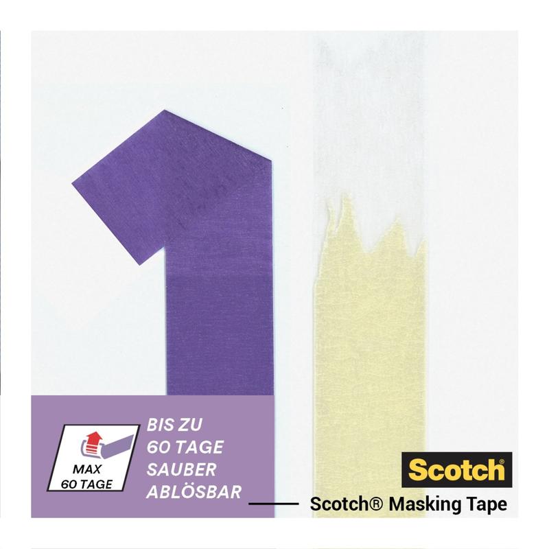 Violetin värinen numero 1 kreppiteipissä ilmestyy valkoisen teipin viereen, joka on irrotettu keltaisesta. Teksti: "Helposti irrotettavissa jopa 60 päivää." Scotch® maalarinteippi herkille pinnoille, 24 mm x 41 m, 3M Deutschland GmbH:lta.