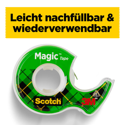 Ein Scotch® Magic™ Unsichtbares Klebeband (19 mm x 25 mm, 1 Rolle auf Handabroller + 5 m GRATIS) von 3M Deutschland GmbH ist unter einem gelben Banner mit dem Text "Leicht nachfüllbar & wiederverwendbar" abgebildet.