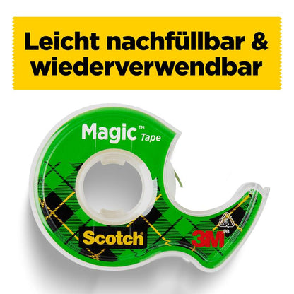 Vihreä Scotch® Magic™ näkymätön teippi käsin annostelija 3M Deutschland GmbH:lta, kuvattu keltaisen saksalaisen lipun alla. Sisältää 1 helposti täytettävän teippirullan (19 mm x 7,5 m) uudelleenkäytettävässä ruudullisessa annostelijassa.