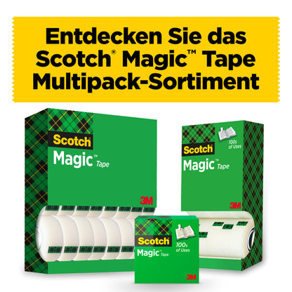 Drei Packungen Scotch® Magic™ Unsichtbares Klebeband von 3M Deutschland GmbH sind auf einem weißen Hintergrund abgebildet. Ein gelbes deutsches Banner darüber lautet: "Entdecken Sie das Scotch Magic Tape Multipack-Sortiment.