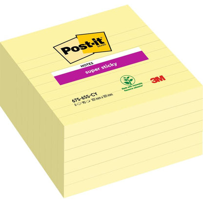 Pino suurikokoisia Post-it® Super Sticky Notes -muistilappuja (101 mm x 101 mm, 90 arkkia/lohko, 100 % PEFC) 3M Deutschland GmbH:lta, joissa on keltaisia viivoitettuja arkkeja ja logoja.