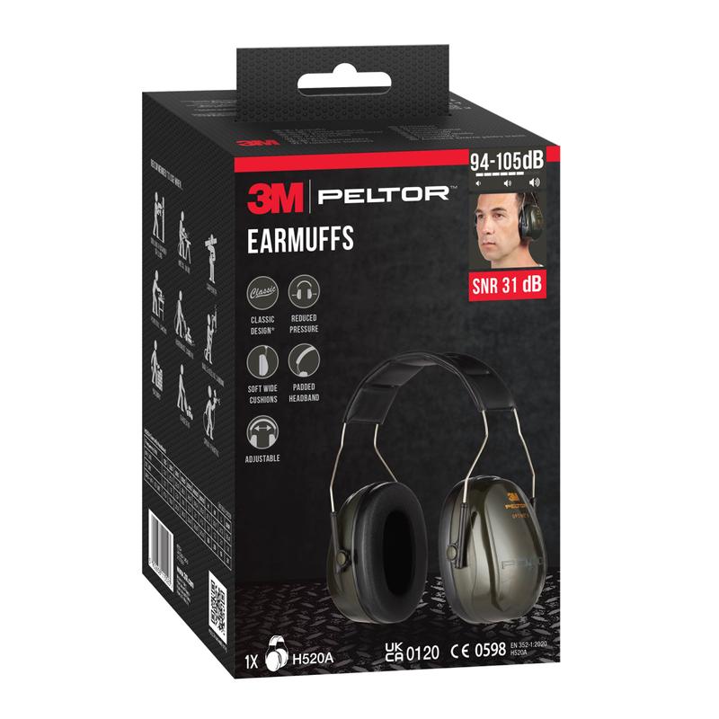Vihreä laatikko 3M™ PELTOR™ Optime™ II -kuulonsuojaimia H520A (SNR 31 dB) 3M Deutschland GmbH:lta, tuotekuvilla ja tärkeimpien ominaisuuksien korostuksella. Pakkaus sisältää 1 kappaleen.