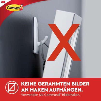 Valkoinen koukku on kiinnitetty harmaaseen seinään, jossa on punainen X kuvan päällä. Saksankielinen teksti kuuluu: Älä käytä tavallisia koukkuja - käytä 3M Command™ Koukku M, keskikokoinen, läpinäkyvä läpinäkyvillä nauhoilla (17091CLR) jäämättömään ripustamiseen.