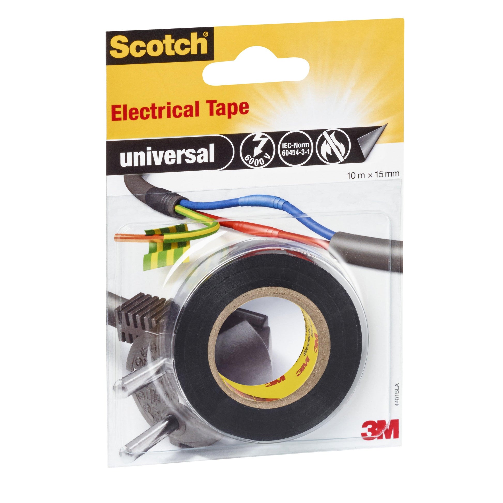 Eine Verpackung von Scotch® Isolierband universal (10 m x 15 mm, 1 Rolle) der 3M Deutschland GmbH zeigt eine schwarze Klebebandrolle und eine Abbildung von mit Klebeband umwickelten Drähten auf einer gelb-roten Verpackung mit Produktangaben.