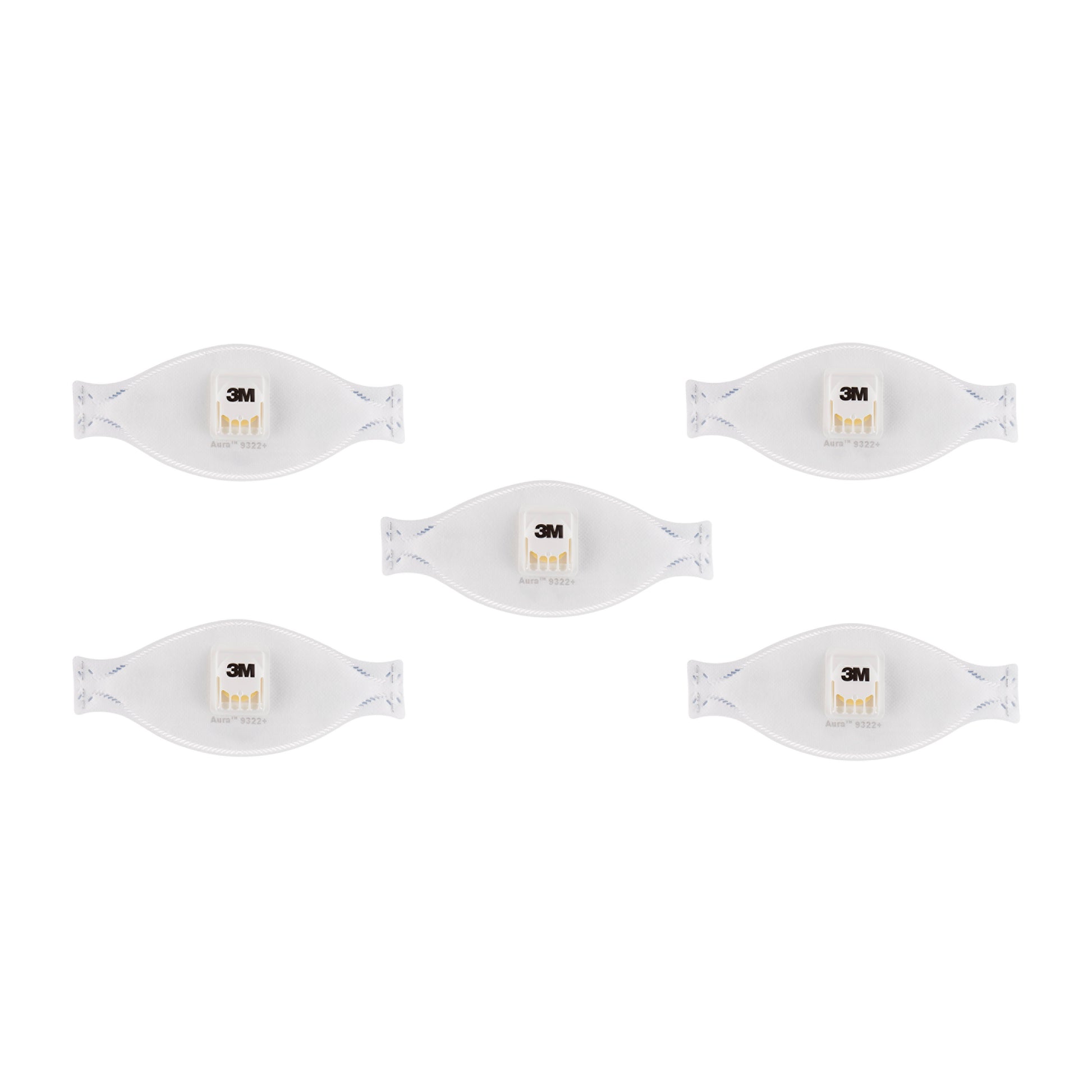 Fünf identische 3M™ Aura™ Comfort Cool Flow™ Partikelmaske 9322+, FFP2, mit Ventil von 3M Deutschland GmbH sind gleichmäßig auf weißem Hintergrund verteilt und tragen jeweils das zentrale 3M Logo und die Produktnummer.