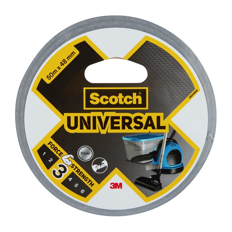 Yksi rulla Scotch® Universal-Teippiä 2904 3M Deutschland GmbH:lta, hopea, 50 m x 48 mm, pölynimurin ja roskakorin etiketin kuvalla ja lujuusluokalla 3.